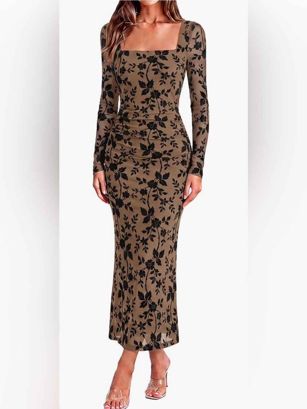 Long Sleeve Square Neck Floral Midi Dress - Brown/Black